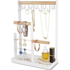 Jewelry Holder Organizer Stand 4-Tier Necklace Organizer with Ring Tray White